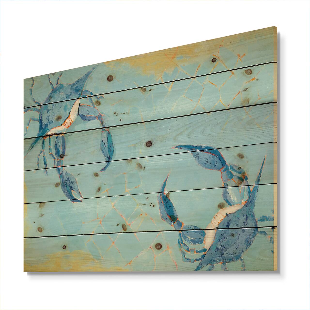 Designart - Blue Coastal crab Battle - Nautical & Coastal Print on Natural Pine Wood